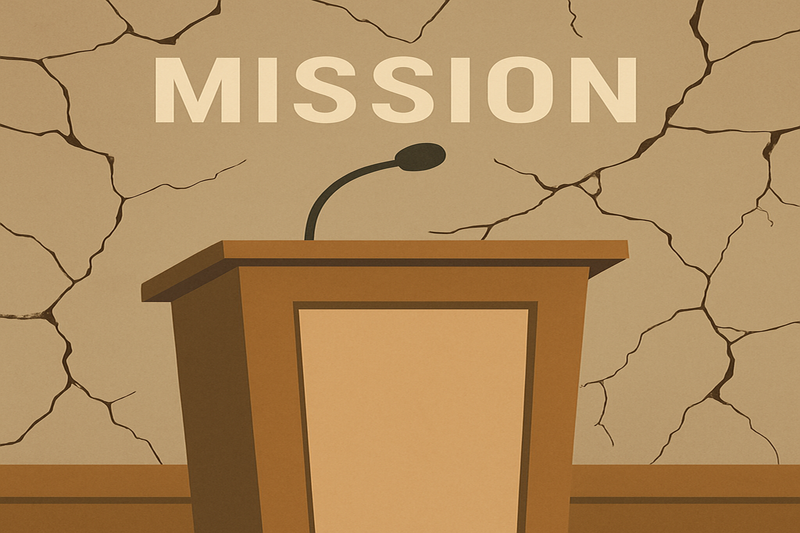 An illustration of a wooden classroom podium in front of a chalkboard, with cracks spreading across the wall behind it, symbolizing decay beneath institutional messaging.