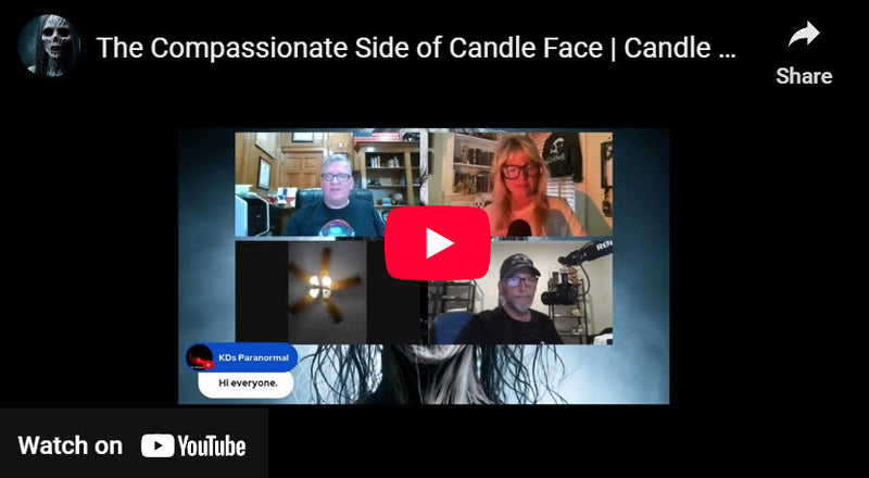 A screenshot from a Candle Face Chronicles podcast episode titled 'The Compassionate Side of Candle Face.' Three panelists, including Arthur Mills, Sara Jane Kamyszek Villani