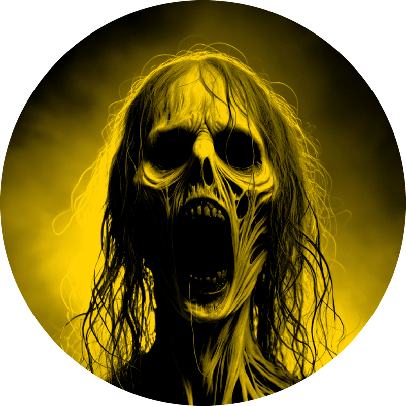 A haunting, skeletal figure with hollow eyes and an open, screaming mouth emerges from a yellow-hued mist. This depiction of Candle Face captures her terrifying presence, symbolizing the lost souls trapped in her lair.