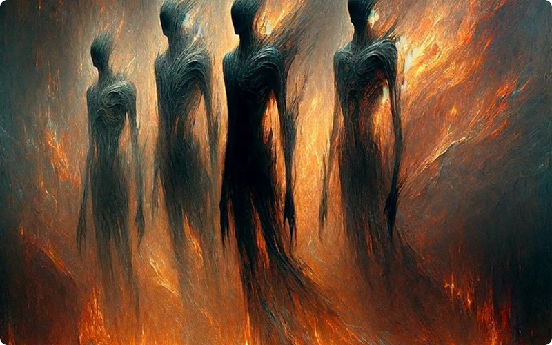 The Shadows—Candle Face’s most devoted tormentors—emerge from the flames, their twisted forms surrounding the lost souls trapped in eternal suffering.