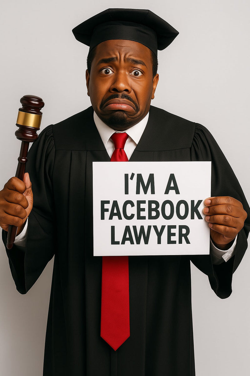 An African American man in his 30s wears a black judge’s robe, white shirt, and red tie. He holds a gavel in one hand and a sign in the other that reads “I’M A FACEBOOK LAWYER.” His expression is exaggerated and cartoonish.