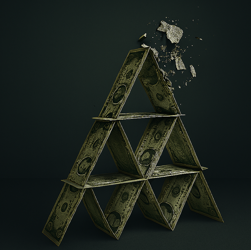 A house of cards made from unfolded U.S. dollar bills is shown mid-collapse, with a section breaking apart from an impact. The background is dark and somber, emphasizing instability.