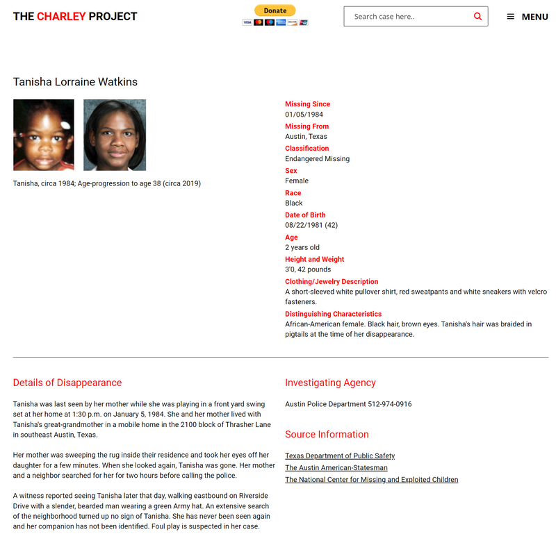 Screenshot from The Charley Project featuring Tanisha Lorraine Watkins, missing since 1984 in Austin, Texas. Includes her toddler photo, an age-progression image, case details, and investigative contacts.
