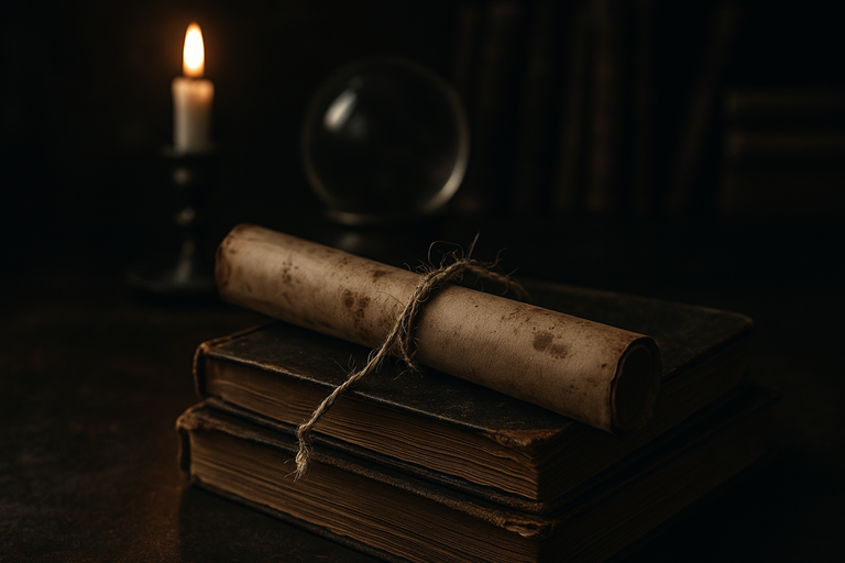 A sealed scroll rests atop worn books beside a flickering candle—one of Mr. Smoe’s original Scrolls of Souls, left behind in silence and secrecy, each one preserving the forgotten voice of a soul he never set free.