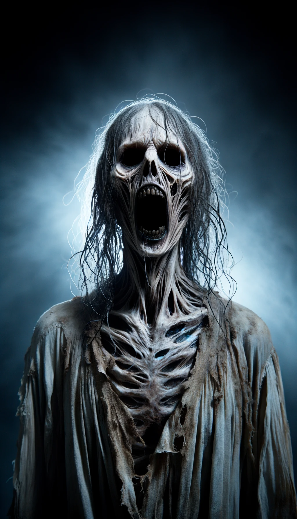 Candle Face, her skeletal form emerging from the darkness, her hollow eyes and open mouth frozen in a silent scream—watching, waiting, never forgotten.