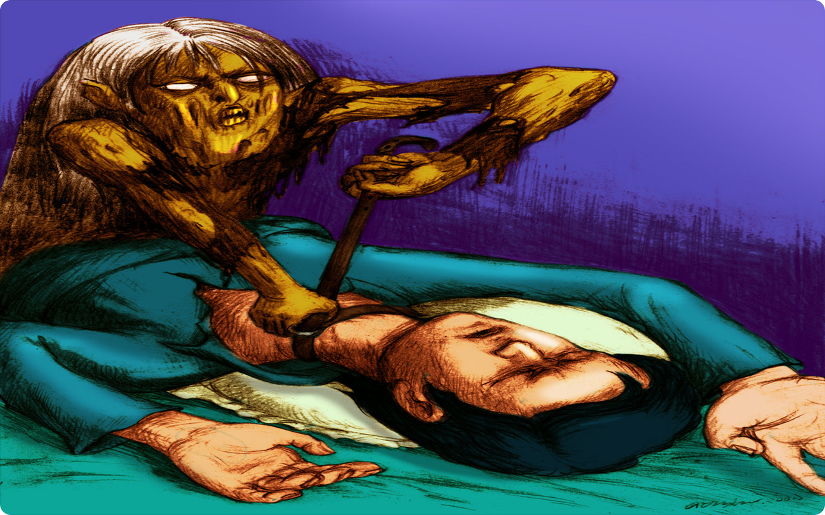 Candle Face straddles Ray in his bed, her burned, twisted form wrapping a belt around his neck as he struggles beneath her grip—caught between fear and paralysis.