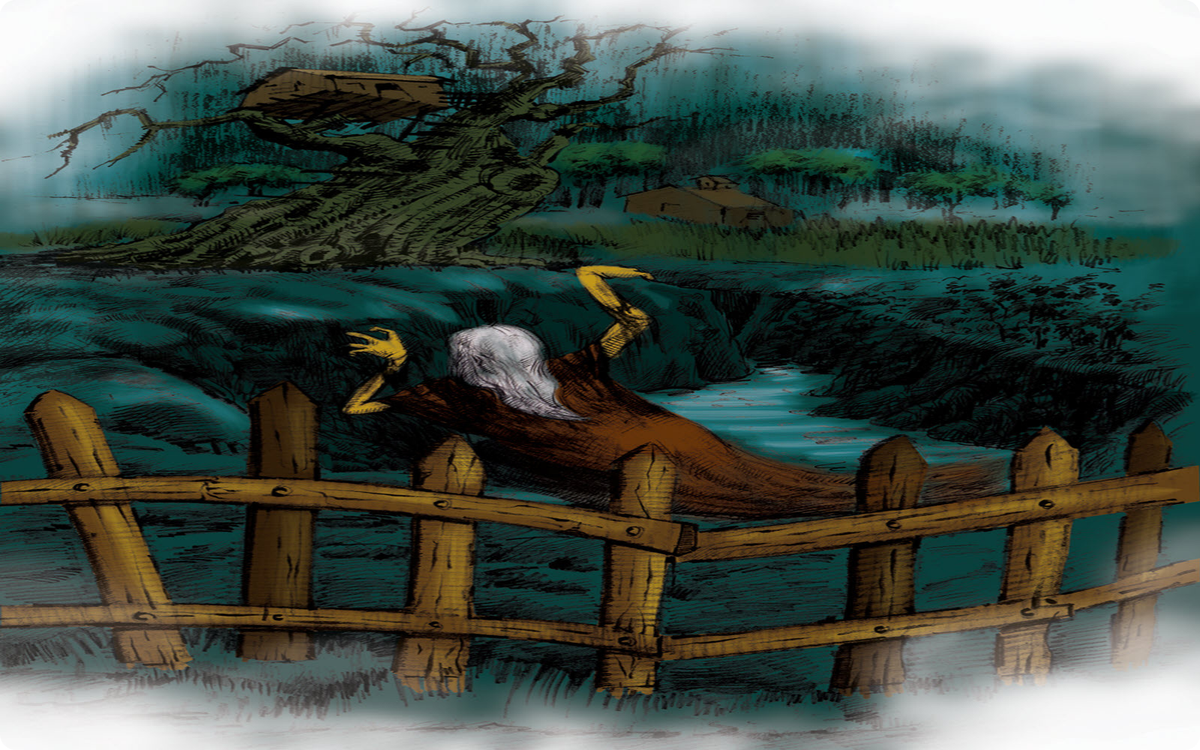 Candle Face, her gaunt figure draped in tattered robes, reaches out from the depths of a dark pit—lurking near the cursed tree and the remnants of a forgotten past.