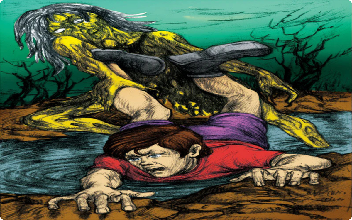 Ray struggles to escape as Candle Face, her charred and decayed form rising from the water, grabs his legs and drags him toward the depths.