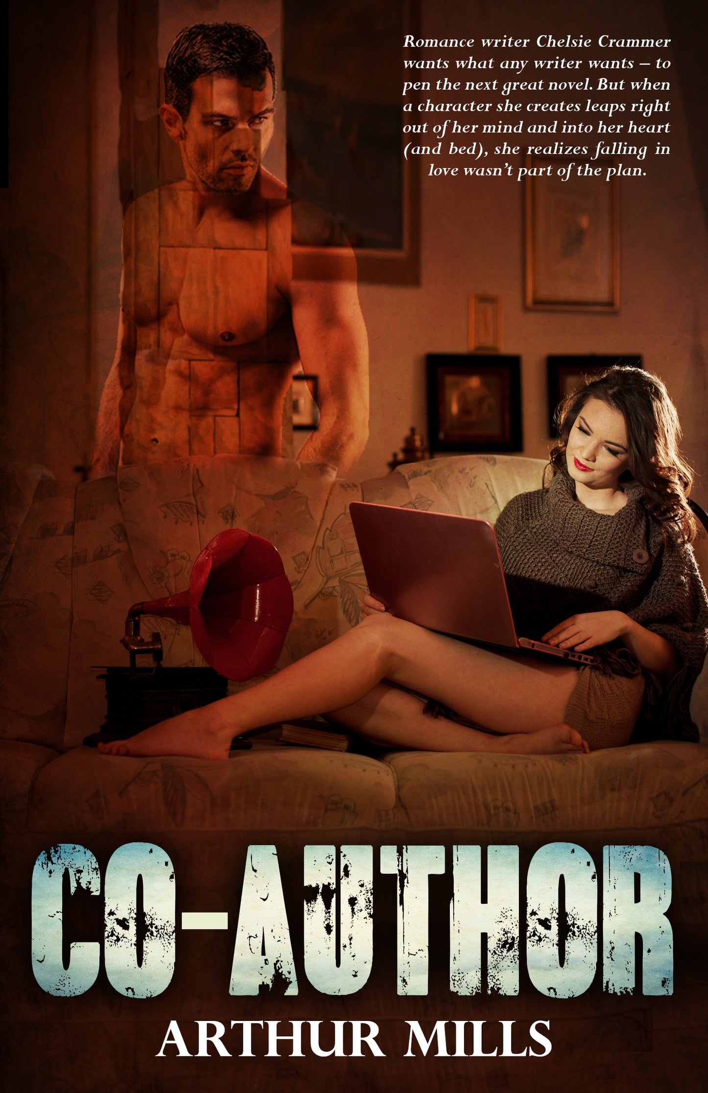 Co-Author by Arthur Mills. Chelsie sits on a sofa typing on a laptop, her shirtless hero imagined standing beside her.
