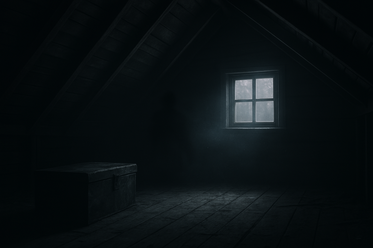Dimly lit attic with a sealed trunk and a faint shadowy figure near a fogged window—one of the hidden souls.