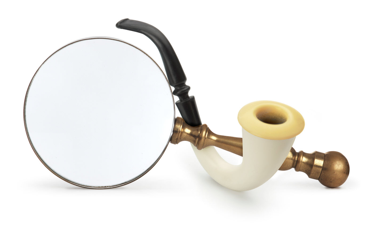 A magnifying glass and vintage pipe crossed together—symbols of investigation, mystery, and the relentless search for lost stories within Branching Plot Books.