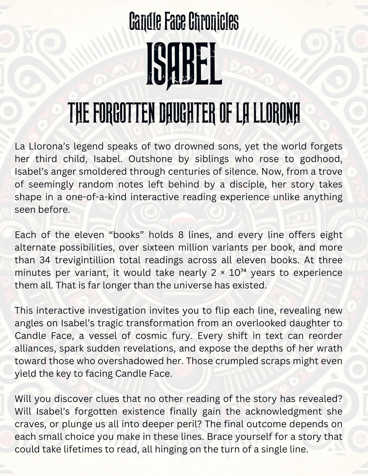 Back cover of Isabel: The Forgotten Daughter of La Llorona from Candle Face Chronicles. Describes Isabel’s lost history and the book’s interactive format.