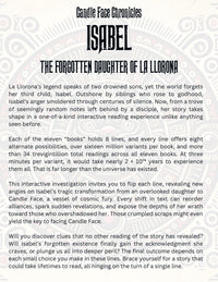 Back cover of Isabel: The Forgotten Daughter of La Llorona from Candle Face Chronicles. Describes Isabel’s lost history and the book’s interactive format.