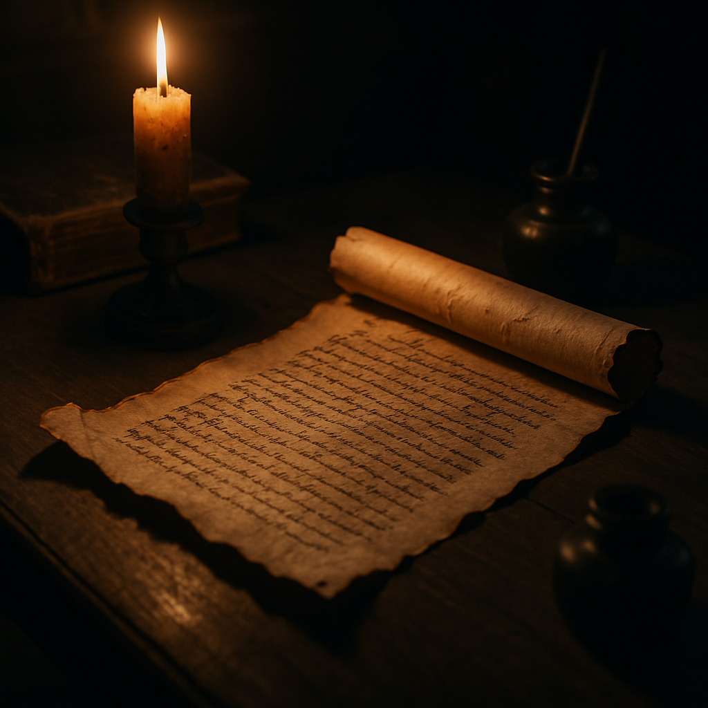 A scroll unrolled beneath candlelight, its inked lines still clear—one of the Scrolls of Souls, holding the voice of a forgotten spirit whose story must be read aloud to remain alive.