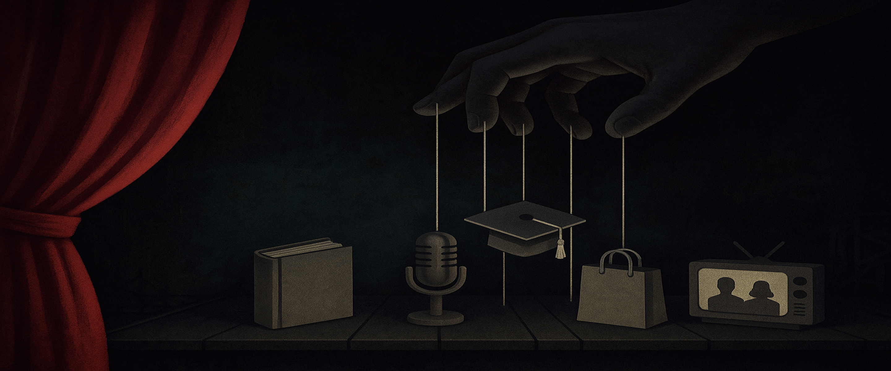 A puppet master’s hand controls symbols of media, education, and consumerism on a dark stage. A visual metaphor for Misleading by Design and its focus on exposing hidden manipulation.