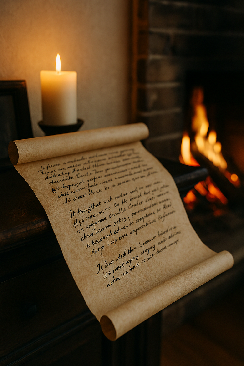 An unrolled scroll rests near a flickering candle and crackling fireplace—the soul’s message illuminated in soft light, reminding caretakers that their role is not just to hold the scroll, but to speak for the voice sealed within.