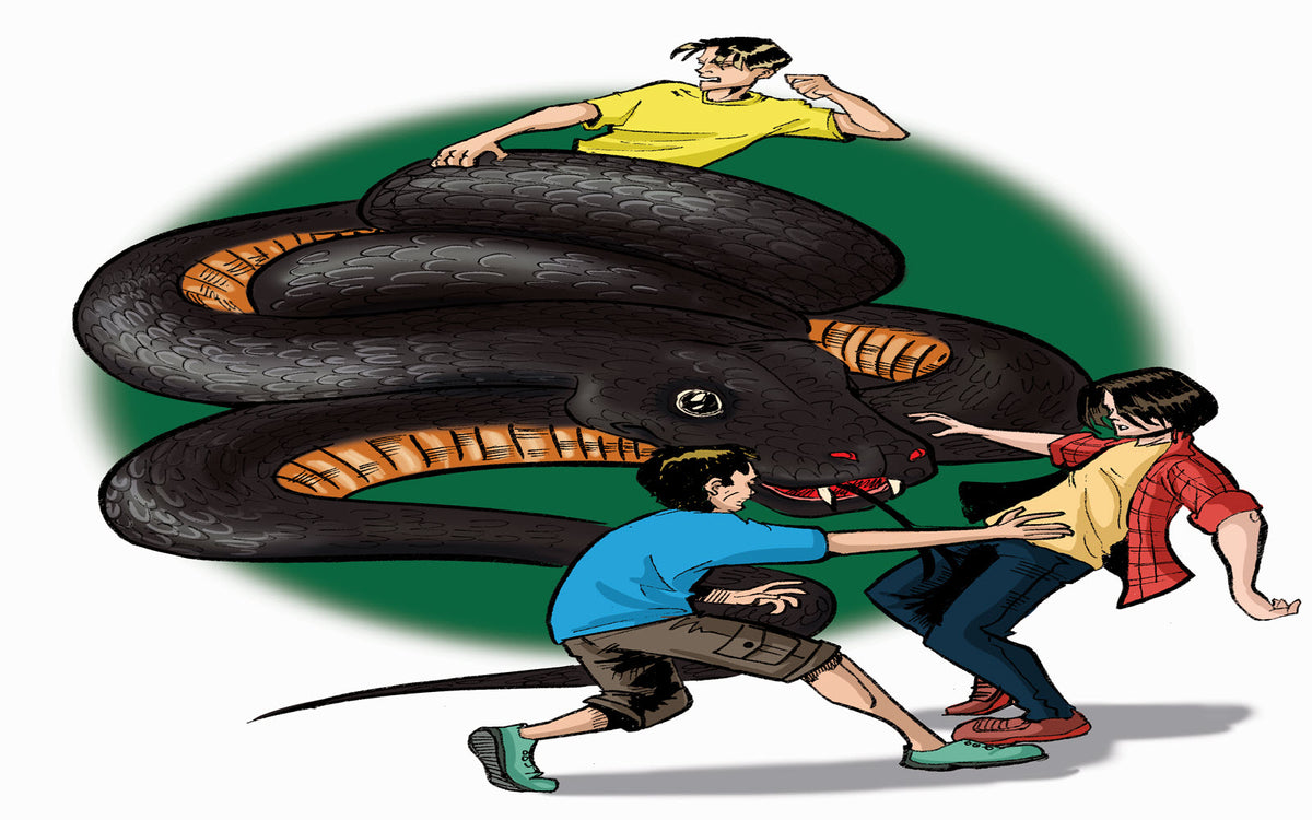 Three kids face off against a massive black python, its coils tightening as they fight back. A tense moment from The Crawl Space by Arthur Mills.
