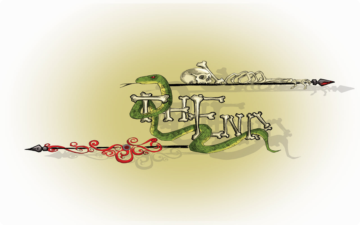 Illustrated 'The End' design from The Crawl Space, featuring a serpent weaving through bone-like lettering, with a skeletal arm gripping an ornate spear above.