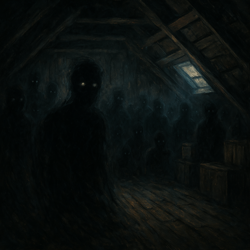 Shadowy figures with glowing eyes stand huddled in a dim attic, lit only by a small window—representing the 31 Fugitives who escaped Candle Face’s lair and now hide in fear from the Master Shadow, caught between freedom and capture.