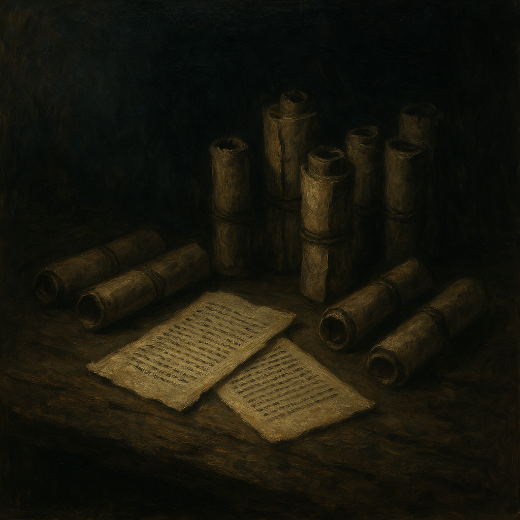 A collection of aged scrolls and parchment pages rest on a wooden surface—each one containing the voice and essence of a forgotten soul, sealed in ink and paper, waiting to be read, remembered, and kept alive by a caretaker.