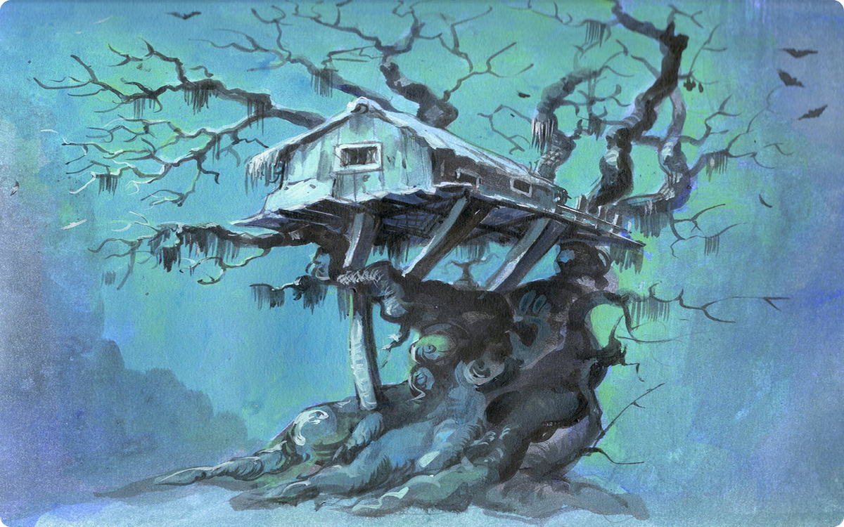 A scary, abandoned treehouse perched atop the twisted roots of a gnarled tree in the empty lot next door, its decaying structure looming as bats circle overhead.