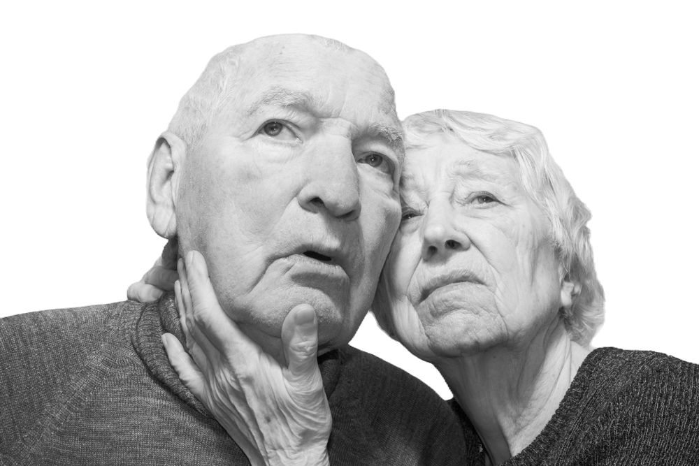 An elderly couple in black and white, their expressions filled with worry and guilt. Represents 'Candle Face Victims 40 and 41: Haunted by Voices, Bound by Guilt,' from Candle Face Chronicles by Branching Plot Books.