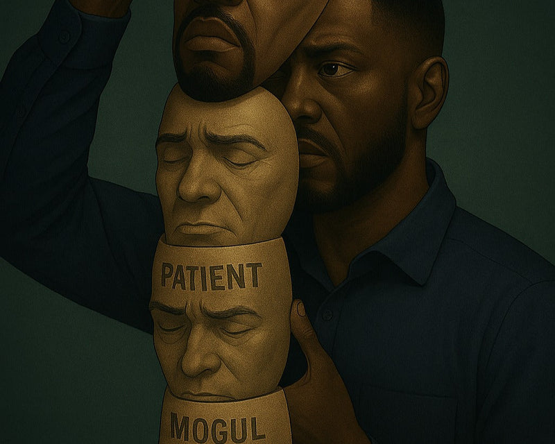 A digital painting of a man dressed in a business suit, standing alone in a dark room. Next to him, a projection of himself wearing different masks—patient, preacher, filmmaker, and mogul.