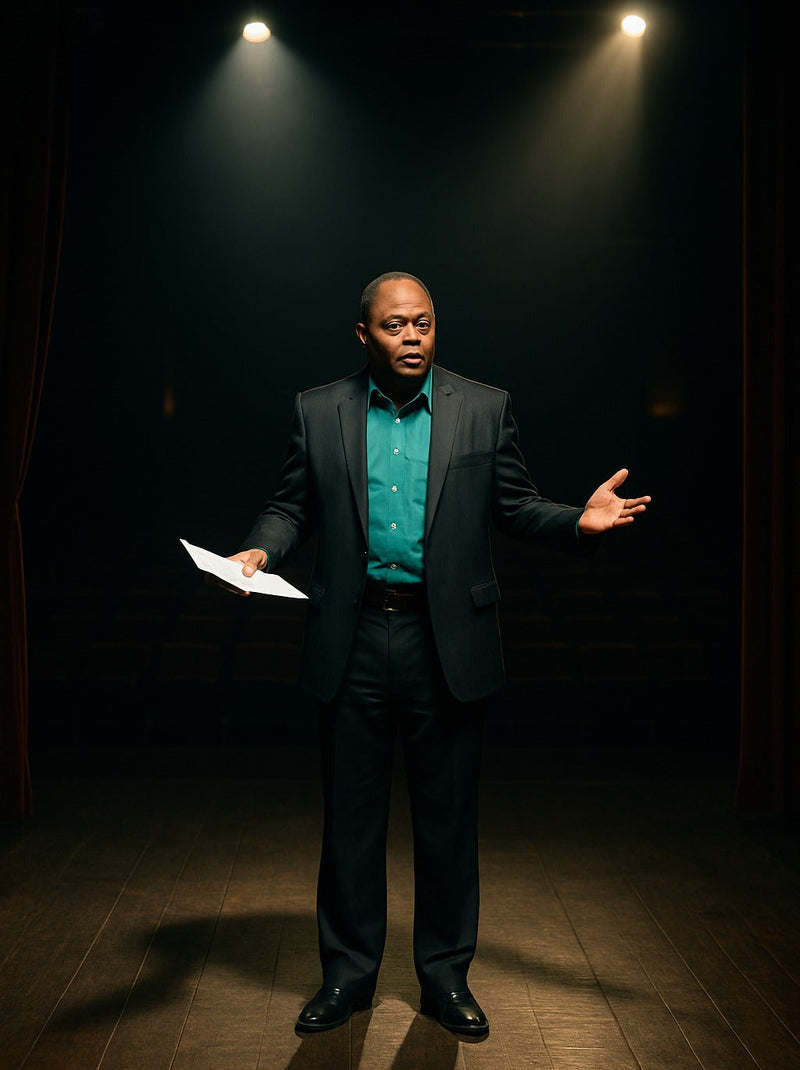 A middle-aged African American man in a dark suit and teal shirt stands alone on a dimly lit stage, holding papers in one hand and gesturing with the other under two spotlights.