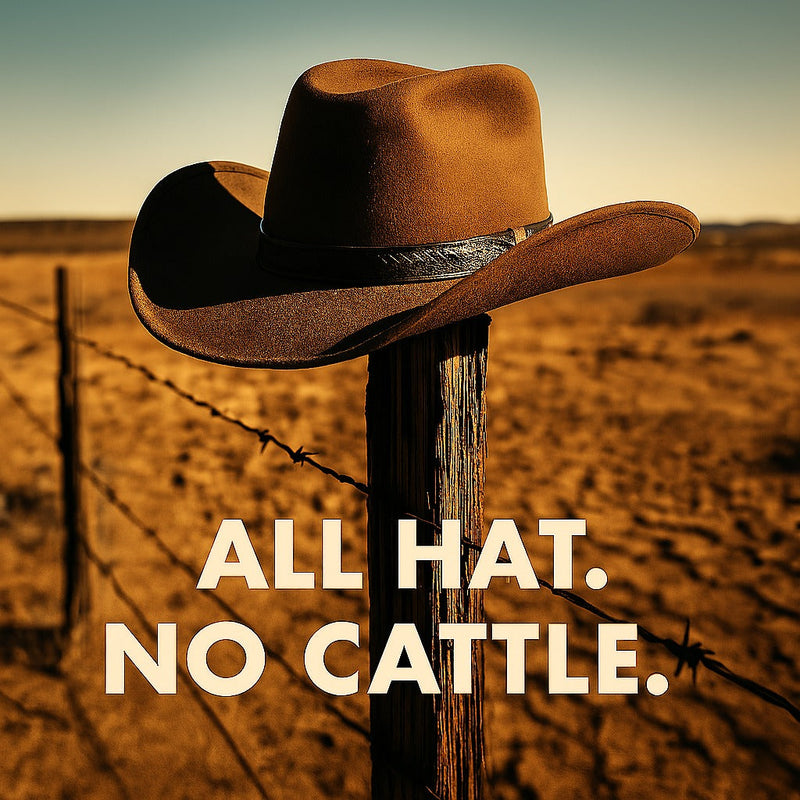 A cowboy hat rests on a fence post in an empty field with a faded, weathered backdrop. Bold white capitalized text overlays the image, reading 'ALL HAT, NO CATTLE.'