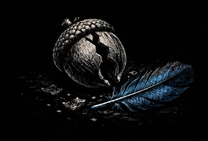 Book cover for 'Friend or Foe' by Arthur Mills, featuring a black background with distressed white text, a broken acorn illustration, and a blue feather.