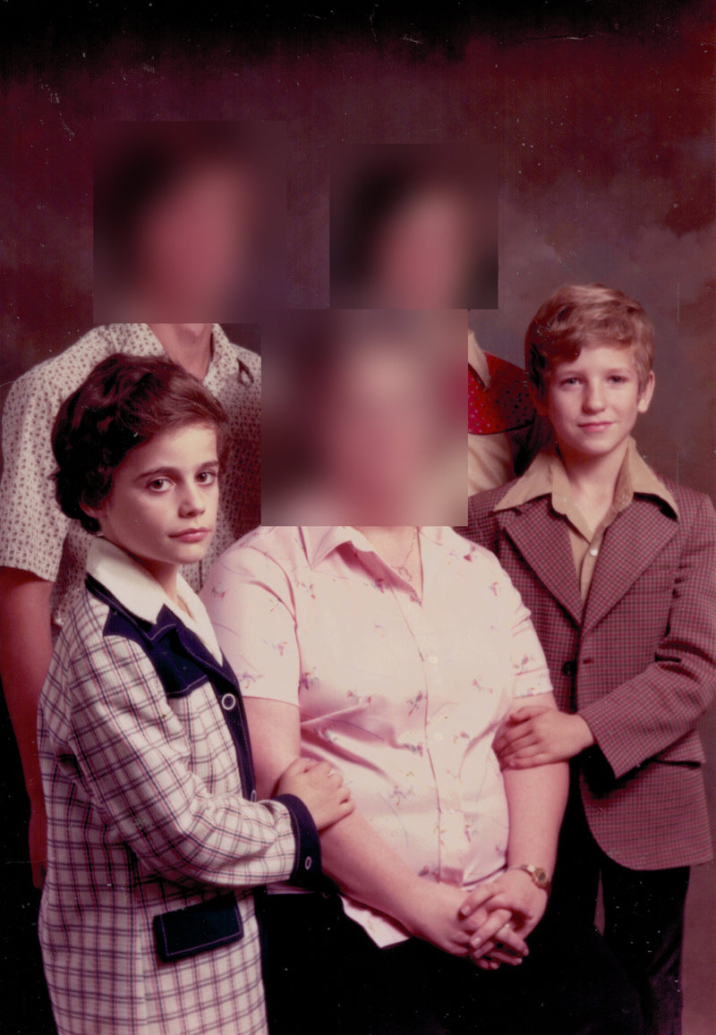 A family portrait featuring Ray's mother and three older brothers, with blurred faces for privacy. This image relates to The Empty Lot Next Door, capturing a moment from Ray’s childhood and the family dynamic that shaped his experiences.
