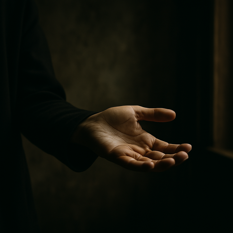 A close-up of an outstretched hand in low light, offering something unseen, symbolizing the passing of responsibility to future Guardians.