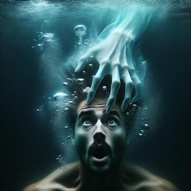 A terrified man is submerged underwater, his face frozen in shock as Candle Face's skeletal hand reaches down to grasp his head. Bubbles escape his mouth, emphasizing his struggle, while the glow of Candle Face's hand contrasts with the deep, murky surrou