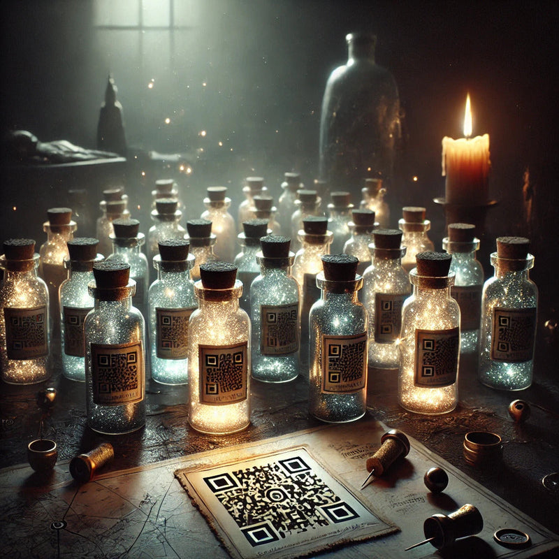 A dimly lit room filled with numerous small glass bottles, each sealed with a cork and glowing with shimmering particles of light. QR codes are affixed to the bottles, hinting at clues or secrets connected to Candle Face Chronicles and Branching Plot Book