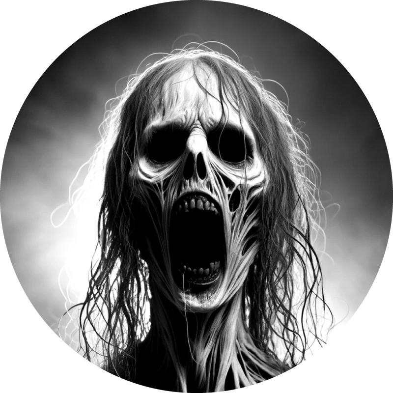 Black and white depiction of Candle Face, a skeletal figure with hollow eyes and an open, screaming mouth. Her decayed, wiry hair and distorted features evoke terror, embodying the lost souls she torments.