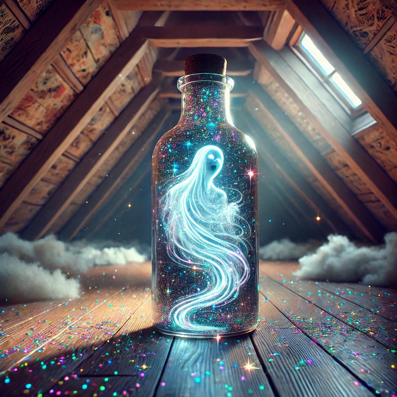 A glowing, ethereal ghost swirling inside a glass bottle, surrounded by sparkling particles and vibrant colors. The bottle rests on a wooden attic floor with beams of light streaming in through the angled roof. This image, titled 'The Master Shadow's Insp
