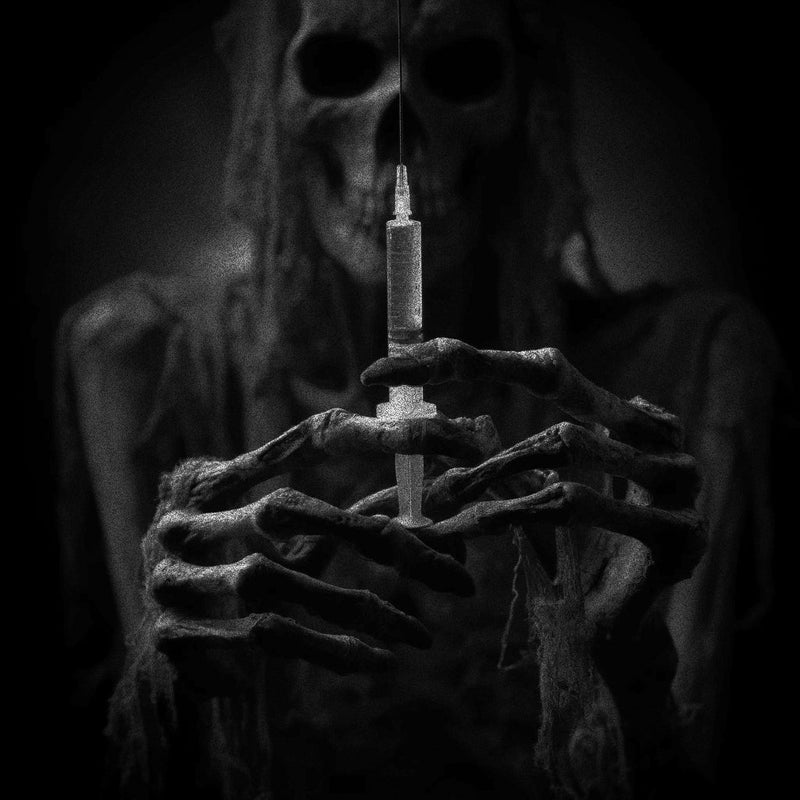 Candle Face shrouded in darkness holds a syringe with bony fingers. Image titled 'Candle Face Victim 29 - Losing Faith in Candle Face.'