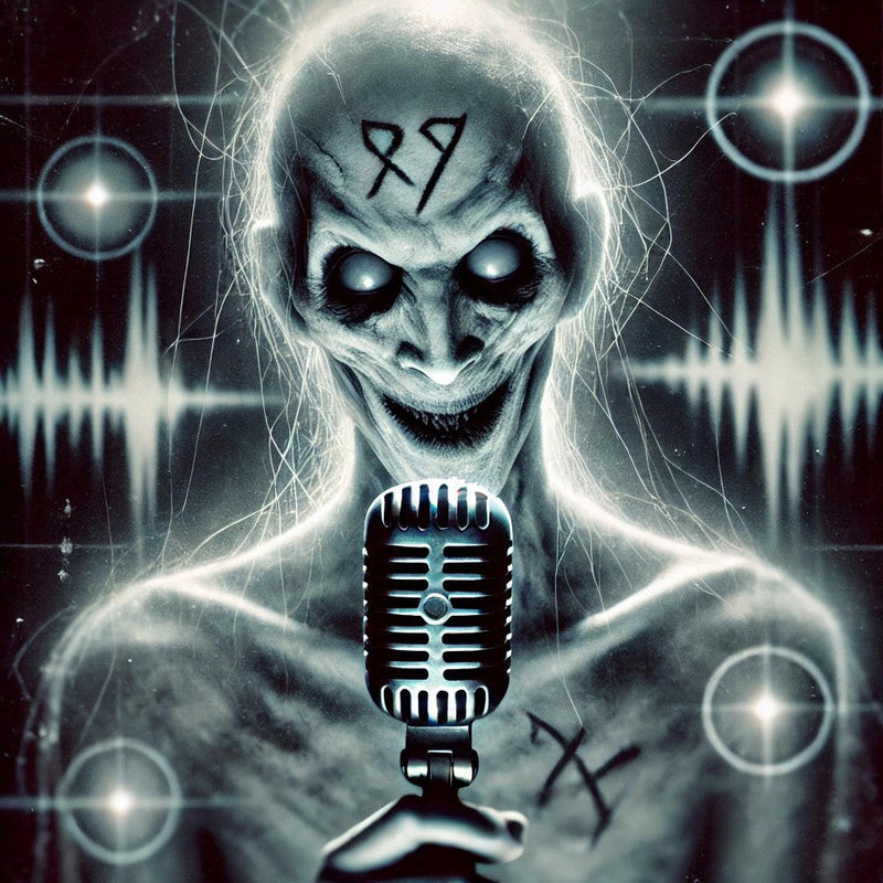 A ghastly figure with glowing eyes and scary markings holds an old-fashioned microphone, surrounded by sound waves. Part of Candle Face Chronicles.