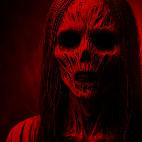 A haunting red-tinted depiction of Candle Face, her skeletal face twisted in a hollow, menacing expression. The deep shadows and crimson glow emphasize her terrifying presence. Related to Candle Face Chronicles.
