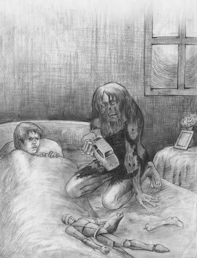A scene from The Empty Lot Next Door. Candle Face kneels on Ray’s bed, clutching a toy car, reenacting the tragic death of Ray’s friend. Published by Branching Plot Books.