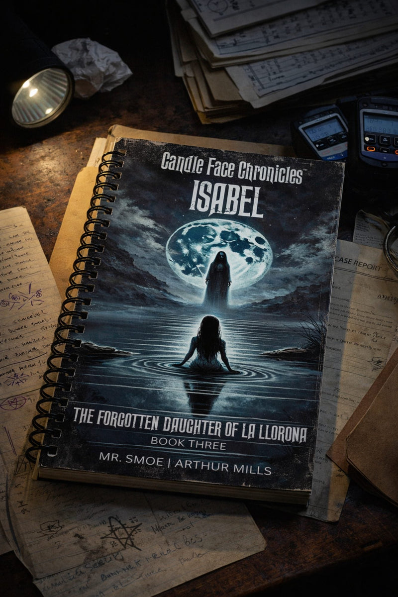 The cover shows a dark, moonlit lake scene with a child seated in the water facing a ghostly female figure beneath a large full moon. The book rests on a cluttered desk surrounded by handwritten notes, loose papers, and investigation materials.