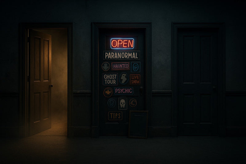 Foggy hallway with three doors. One warm and inviting, one flashy with stickers and neon, and one plain and shadowed. Symbolizing three sides of the paranormal world.