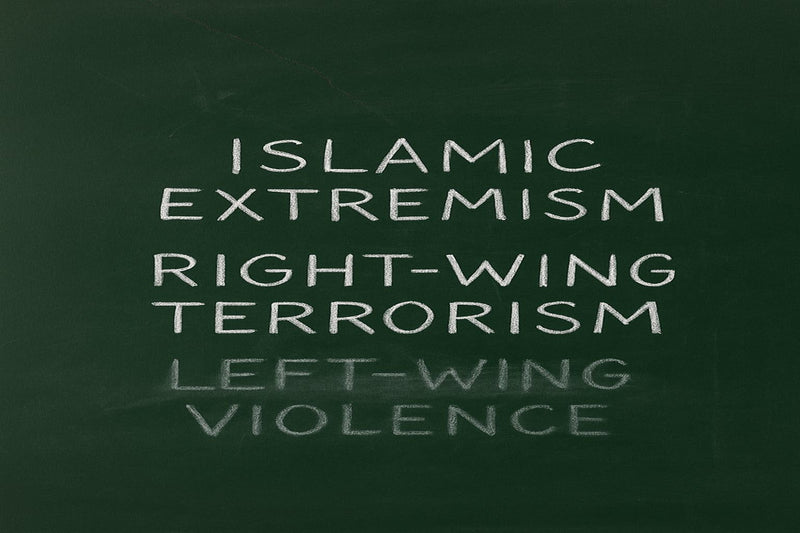 A green chalkboard displays the phrases “ISLAMIC EXTREMISM” and “RIGHT-WING TERRORISM” in bold white chalk, while “LEFT-WING VIOLENCE” appears faint and faded below, symbolizing how AMU’s curriculum erases left-wing extremism.