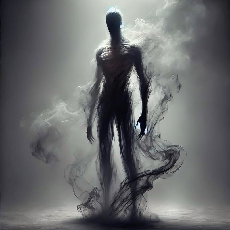 A dark, shadowy figure standing upright, its body composed of swirling black smoke and mist. The figure appears menacing and powerful, partially shrouded in darkness yet illuminated by a faint, eerie light from above. This entity, titled 'Master Shadow,' 