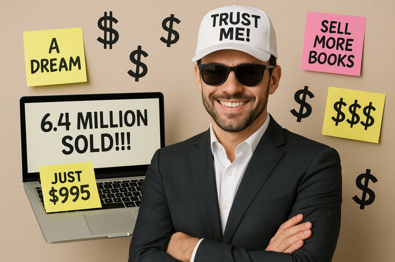 A confident man wearing a “TRUST ME!” baseball cap grins while standing near sticky notes with exaggerated claims like “6.4 MILLION SOLD!!!” and dollar signs.