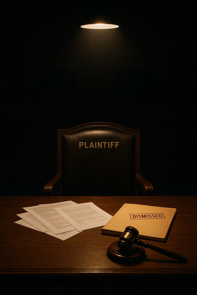 A dimly lit courtroom scene showing an empty leather chair labeled “Plaintiff.” In front of the chair is a wooden desk with a gavel, several legal documents, and a case file stamped “DISMISSED,” all illuminated by a single overhead light.