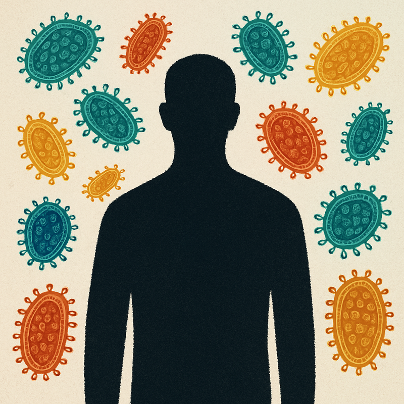 A digital illustration of a shadowy silhouette of a man standing upright, surrounded by colorful, stylized representations of smallpox virus particles in red, orange, blue, and teal. The background is a light beige.