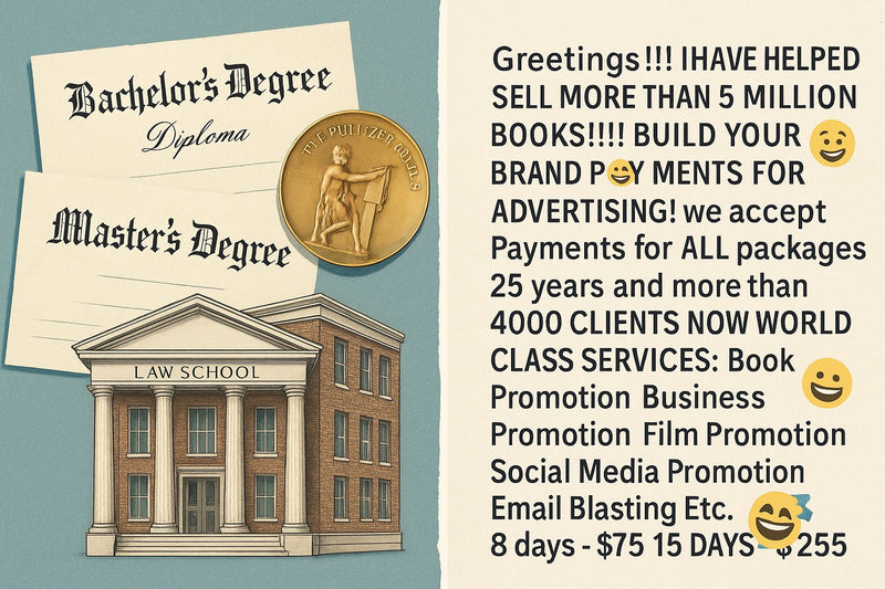 Split image collage comparing Myron Grace’s claimed professional achievements to the poor quality of his actual writing. The left side lists credentials like “Master’s Degree,” “Law School,” and “Journalism Award,” while the right side shows messy work.