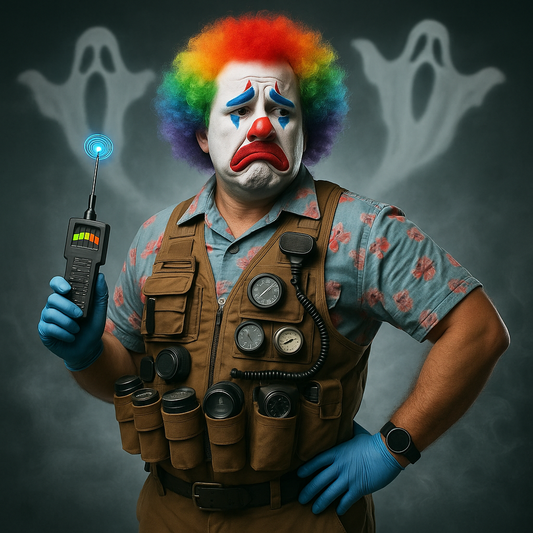 A sad clown dressed as a paranormal investigator stands in a smoky, ghost-filled room, holding a glowing EMF detector. His gear is overloaded with ghost-hunting tools. The image reflects the absurdity and frustration of seeking help from paranormal groups