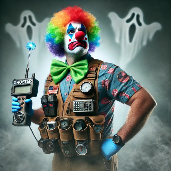 A colorful clown wearing a rainbow wig and oversized green bowtie, dressed in a tactical vest loaded with various ghost-hunting gadgets labeled “GHOSTER.” The clown looks worried and uncertain, while ghostly shapes hover behind him. This image humorously 